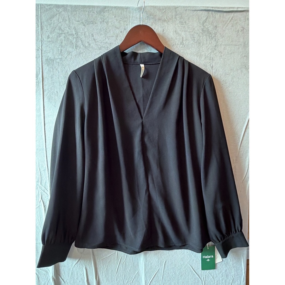 Halara V-Neck Pleated Blouse Women Size M Black Minimalist Career Chic NEW NWT